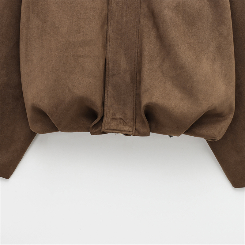 2025 Spring Casual Women's Clothing Fashion Bat Sleeve Collar Suede Texture Effect Pilot Jacket Solid Color Decoration