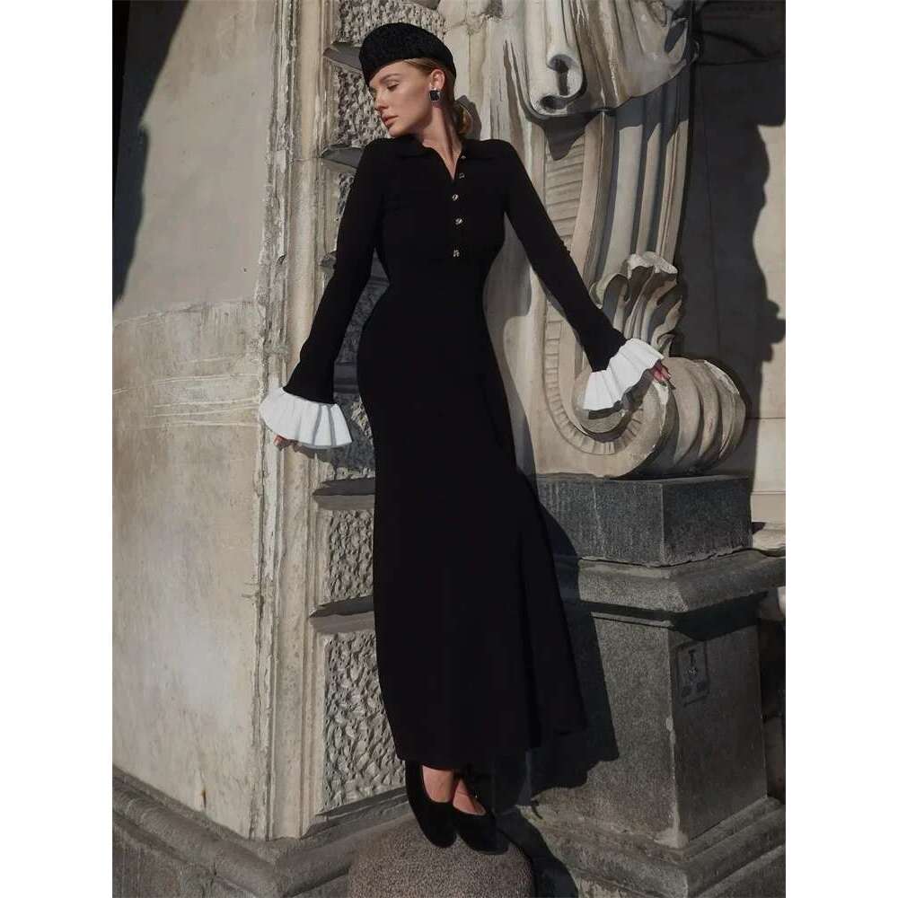 Tossy Female Ruffled Knitwear Long Fashion Patchwork Slim Contrast Lapel Casual Party Gown Women's Knit Maxi Dress