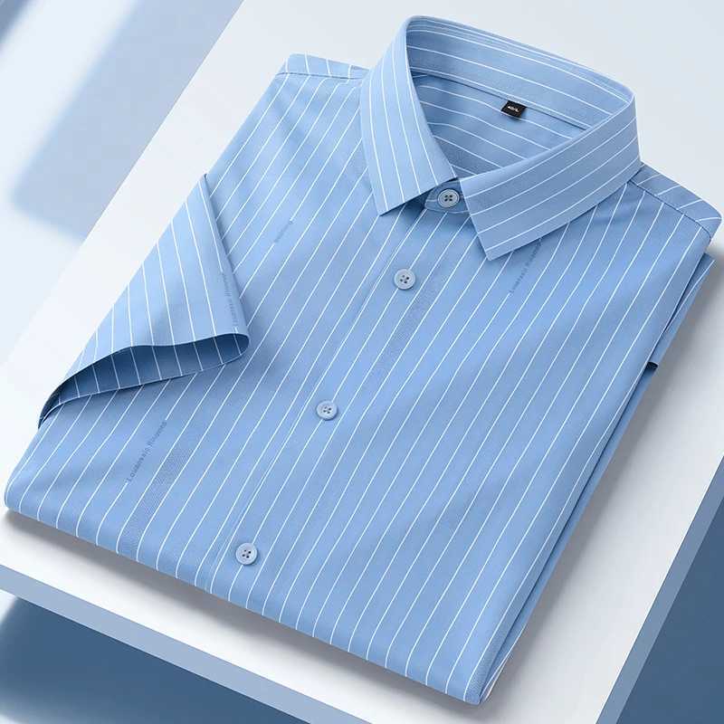 New summer short sleeved mens shirt suitable for formal solid color shirts soft office striped tops wrinkle free elastic clothing X250324