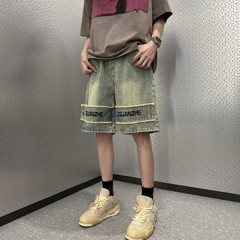 Mens Denim Shorts Half Graphic Long Mens Short Jeans Pants with Text Bermuda Cut Vintage Buttons Streetwear New in Cowboy Xxxl T250603