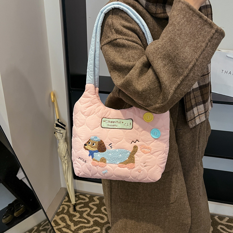2025S Fashion Designer Lazy Style Student Classroom Backpack Cute Embroidered Puppy Color Contrasting Shoulder Large Capacity Tote Bag