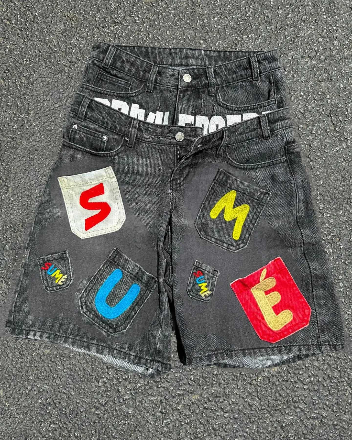 Hip hop letter patch work denim shorts summer Y2k retro personality fashion fake two Gothic rock Jorts couple Y2k jeans X250324