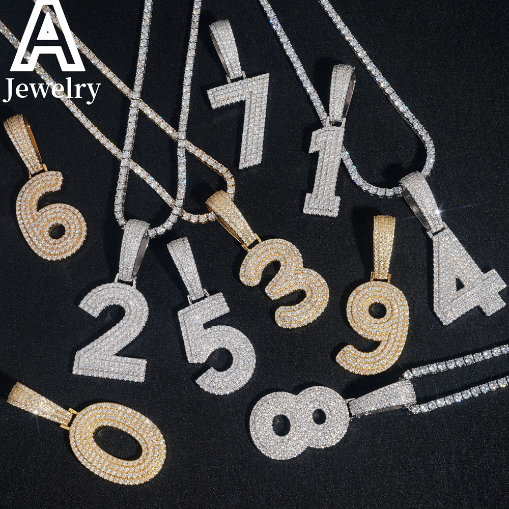 Iced out hip hop fashion jewelry 0-9 number pendants moissanite custom initial pendant 925 silver jewelry