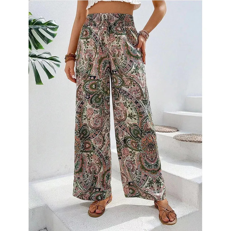 Fashionable retro printed wide leg pants for womens casual high waisted Trouser 2024 springsummer office clothing 250324