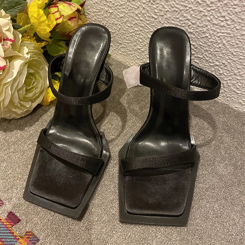 Summer Fashion Silk Satin Slippers Women Open Square Head Thin High Heel Sexy Party Shoes Females Sandals Stilettos Black 250322
