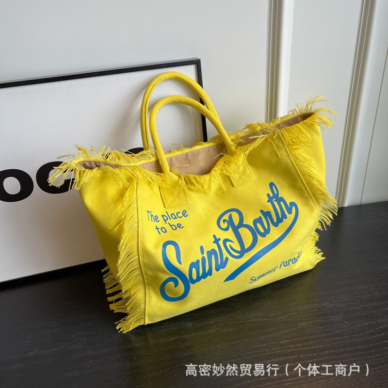 tote bag new style European and American beach large-capacity shoulder commuter bag handmade tassel denim printed tote bag