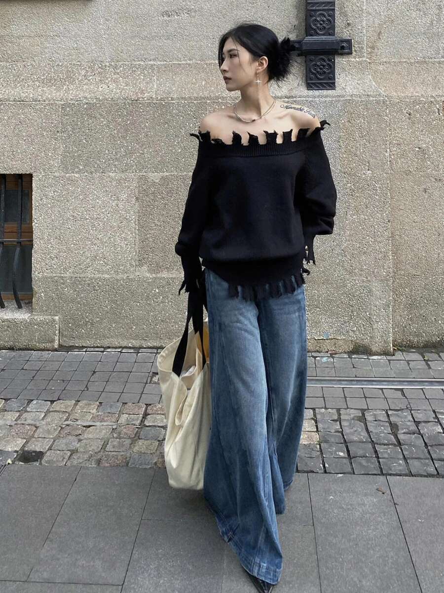 Reddachic ICON Women Whiskers Baggy Jeans Seam Ed Solid Low Rise Do Old Denim Elephant Bell Bottoms Casual Vintage Clothes