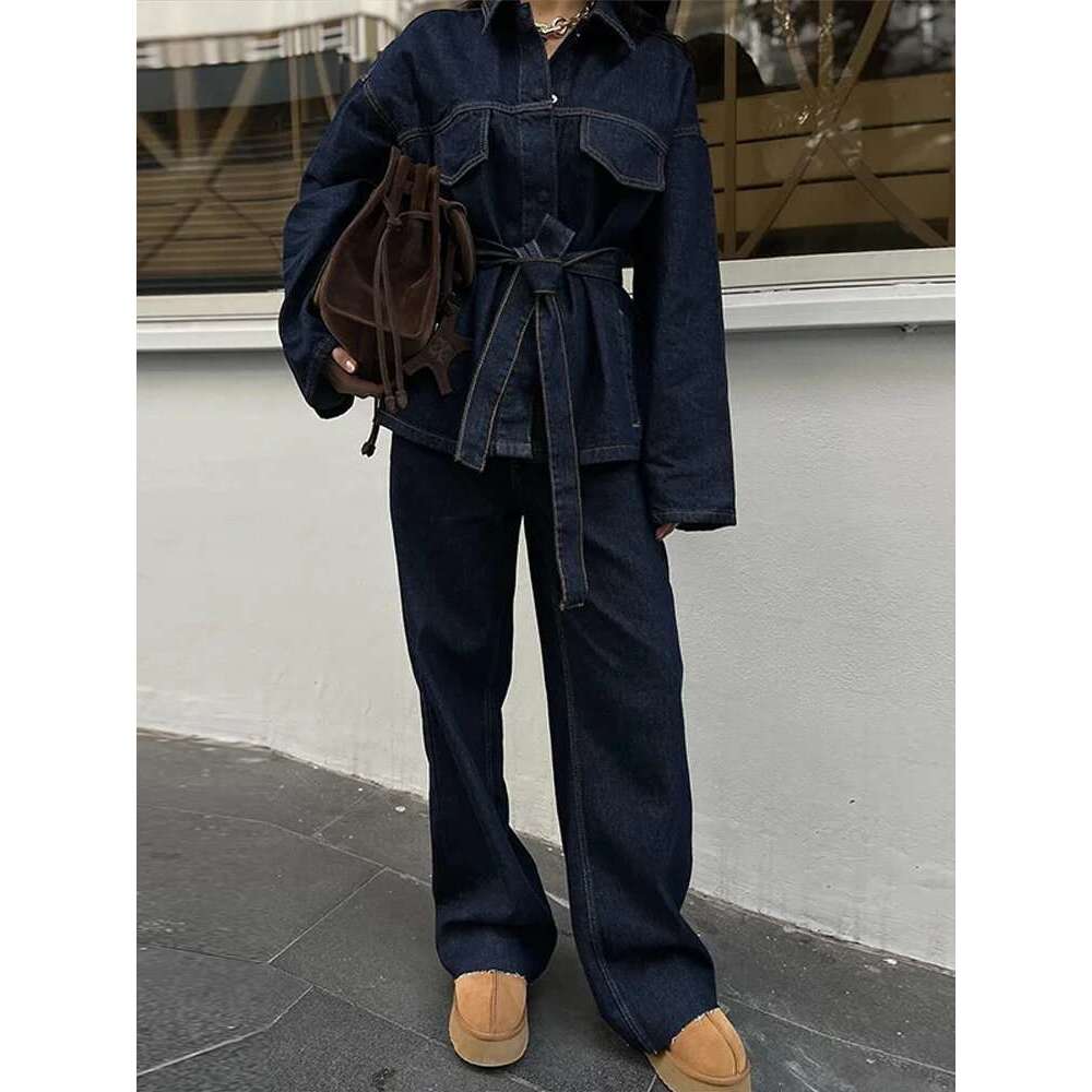 2025 Spring Women's Two Pieces Set With Trousers Loose Lace Up Pockets Coat High Waist Pants Chic Denim Ladies Suit Commuting
