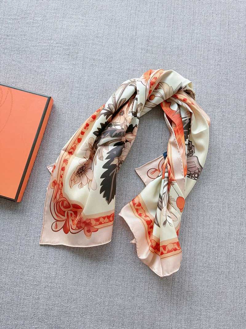 Orange Shawl Wan Neck Scarves Flowers Twill Scarf w HandkerChief Wan Square Silk Hijab Bandana 90 90 Luxury Scarf X250324