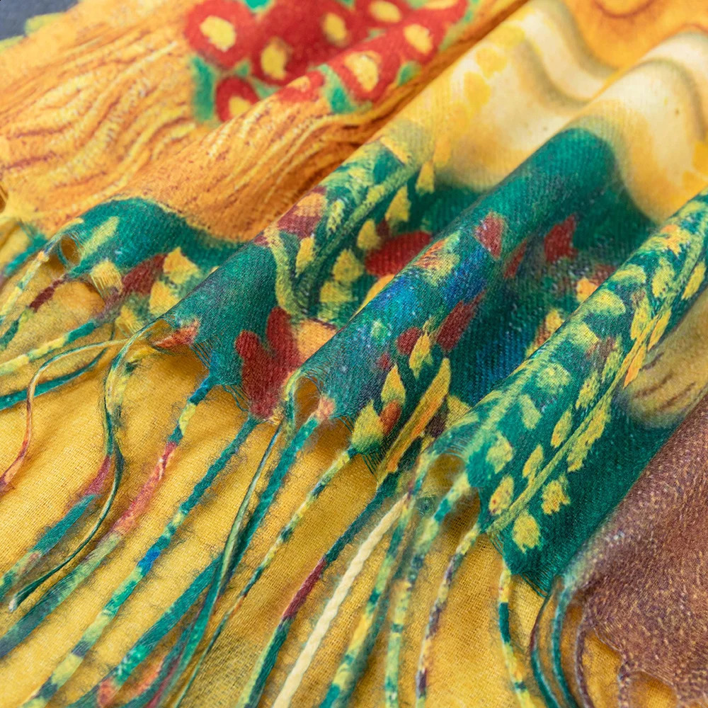 Cashmere Scarf Women Digital Printing Pashmina Shawl Wraps Gustav Klimt Oil Painting Der Kuss Bandana Femme Foulard Tassels 250318