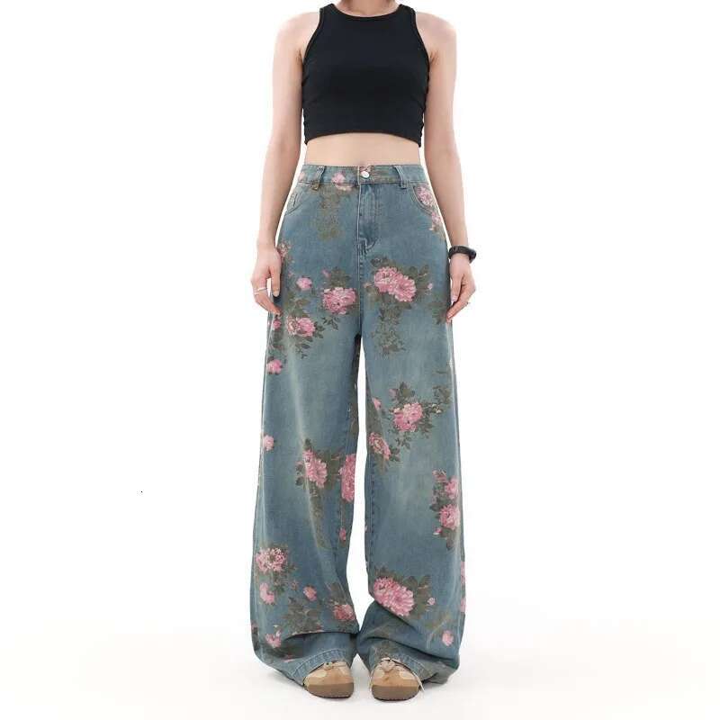 American Retro Ral Print Fashionable Wide-Leg Baggy Jeans Trendy High Street Loose Trousers
