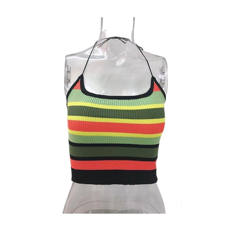 New Sexy Hot Girl Camisole For Women's Clothing, Worn Outside And On The Inside With Multi Colored Striped Short Crop Top