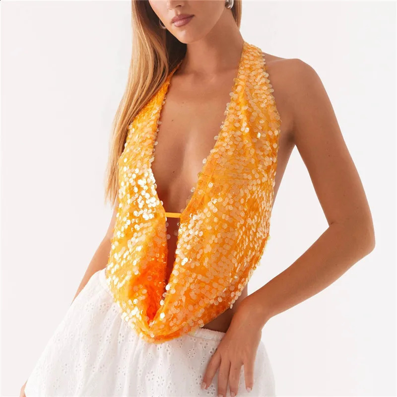 Women Sparkly Sequins Tank Tops Y2k Glitter Backless Halter Neck Vests Summer Sleeveless Tops Holiday Party Club Streetwear 250324
