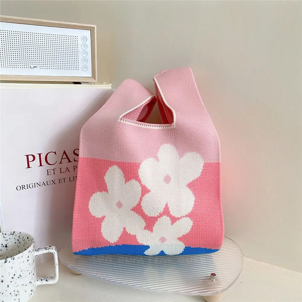 Handmade Knitted Handbag Womens Mini Knot Wrist Bag Casual Colorful Flower Handbag Student Reusable Shopping Bag 250320