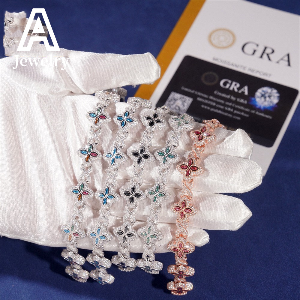 New Arrival Colorful Natural Gemstones Cuban Link Bracelet 15MM Hip Hop Jewelry Silver Marquise Moissanite Cuban Bracelet