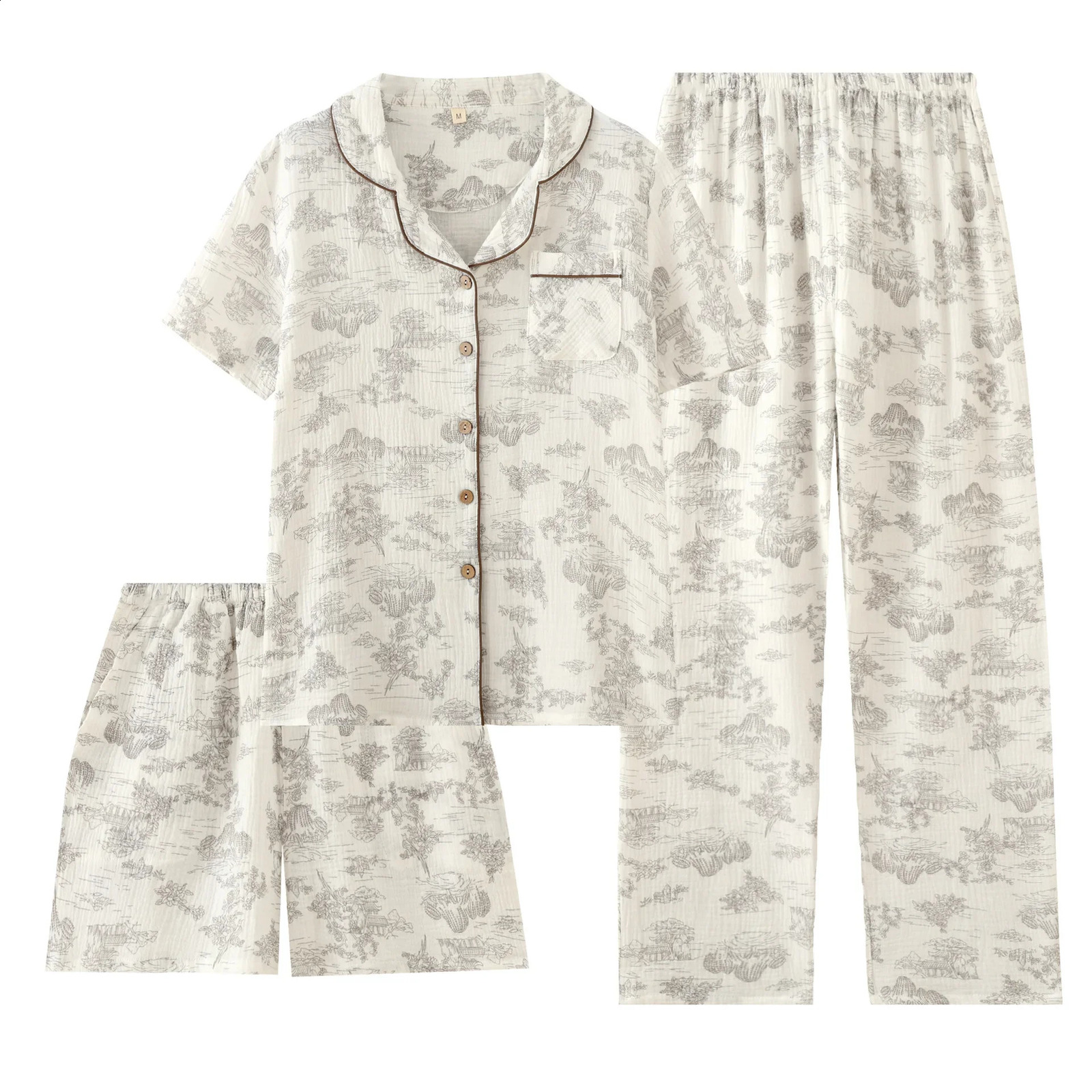 Womens pajamas summer cotton 3-piece set short sleeved topmens styleshorts home clothing thin cotton crepe ink painting set 250321