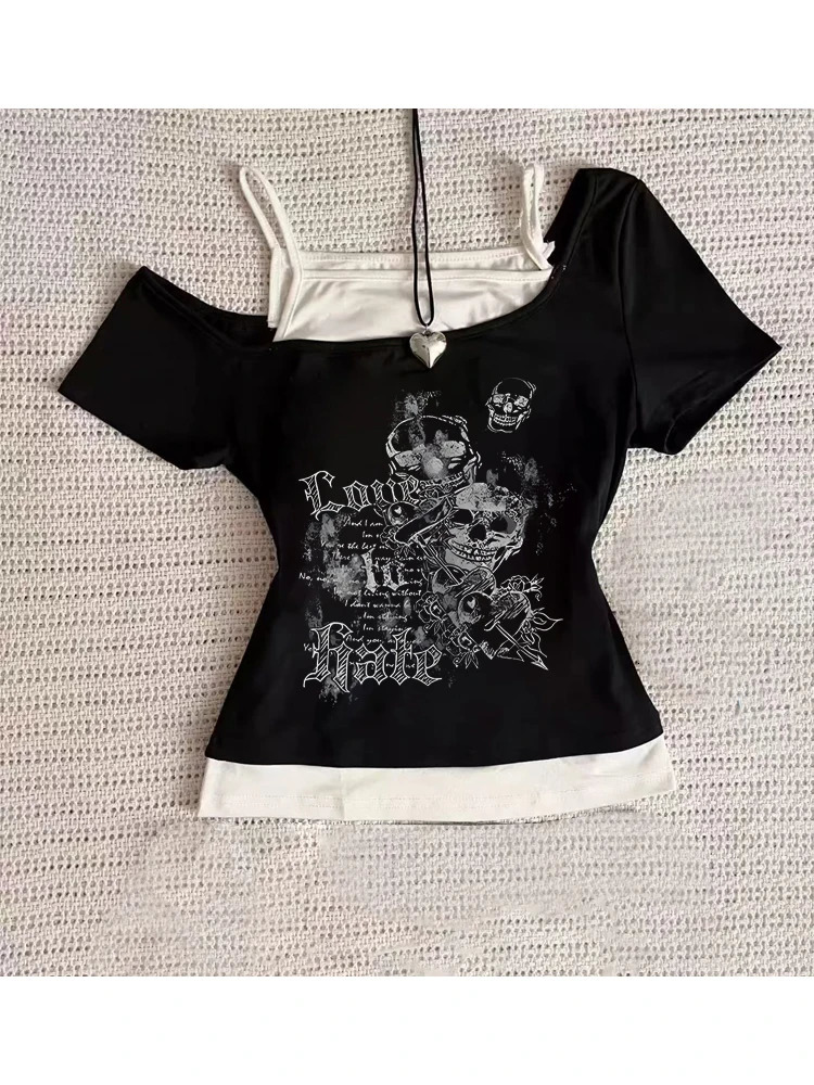 American gothic Vintage Two Piece Halter Lace Up T-shirts Y2k skeleton Print Tops Women Off Shoulder Short Sleeve Tee 250324