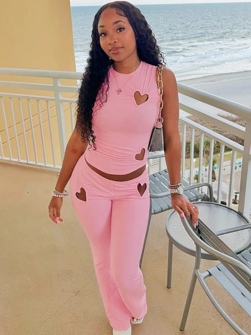 Womens Loving Heart Cut Out Pink Tracksuits 2025 Chic Sleeveless T-shirt Top and Pants 2 Pieces Set Holiday Outfit Streetwear 250324
