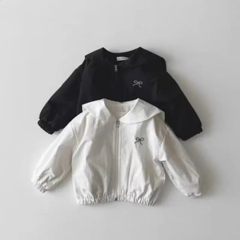 Spring Baby Girl Cute Bow Coat Baby Navy Blue Collar Jacket Childrens Zipper Jacket Fashion Baby Coat Childrens Clothing 250324