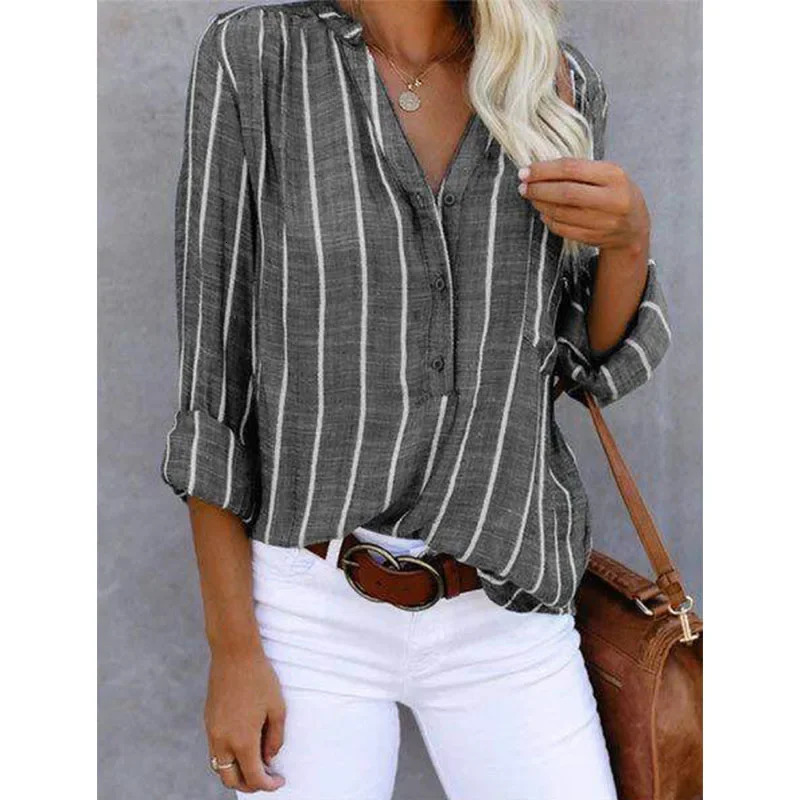Womens casual loose striped shirt autumn retro womens oversized shirt and elegant young womens top 250322