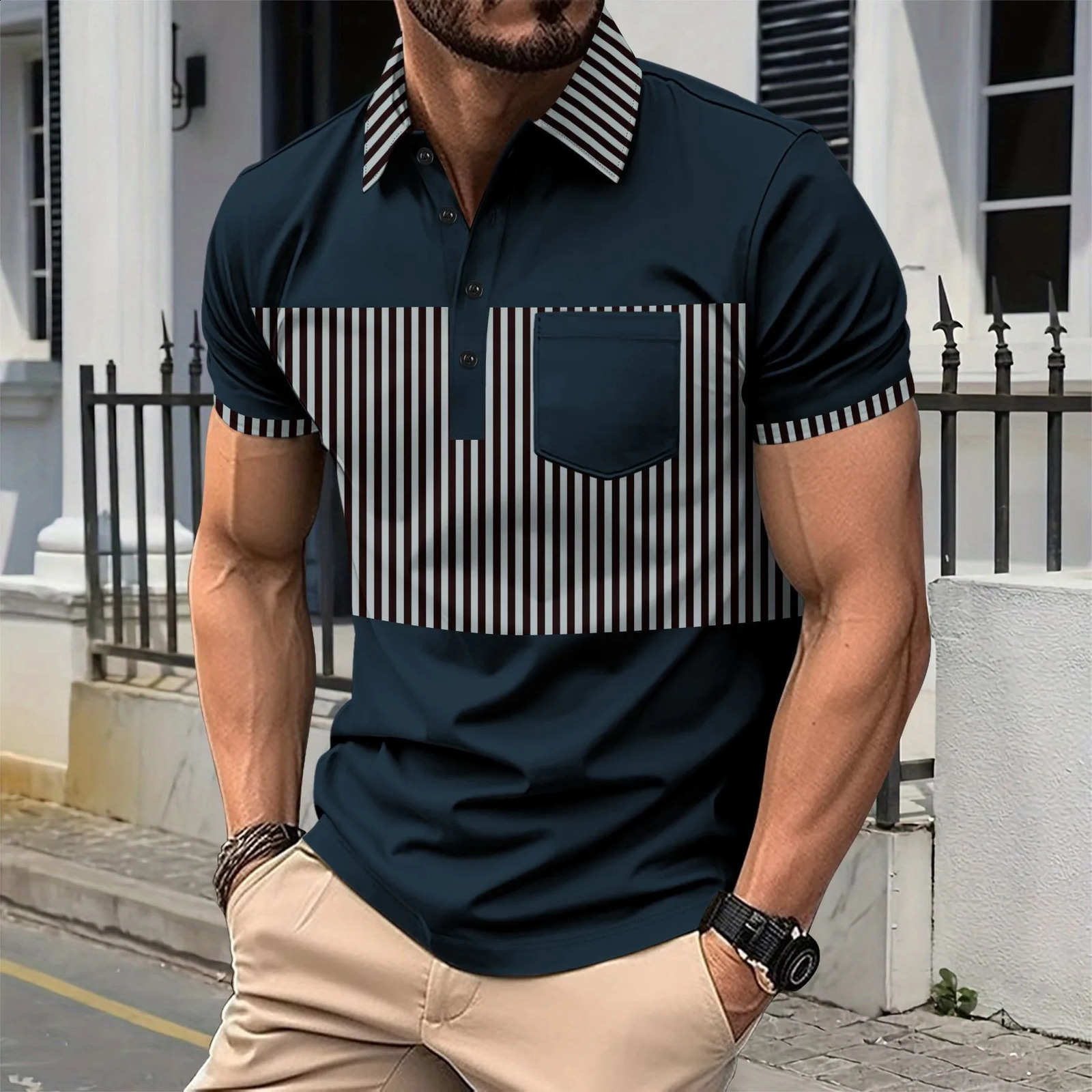 2025 Cross border Summer Mens Casual Polo Shirt Pocket Button Long Front Collar Stripe Colorful Splicing Tshirt 250311