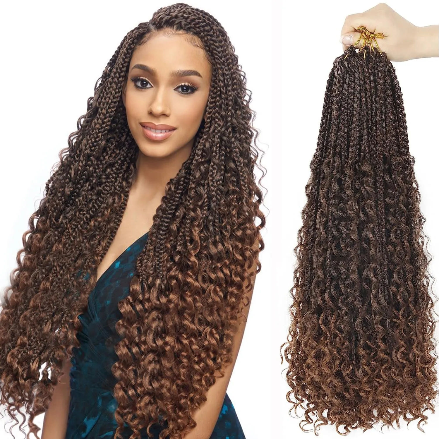 Goddess Bohemian Box Braids Crochet Hair - 36 Inch Curly Ends, 6 Packs Synthetic Curly Wave Ends Pre Looped Braiding Hair Extensions For Thin Hair Dai