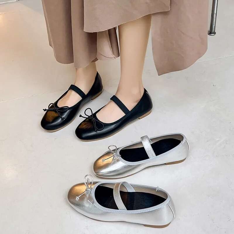 Sier Bowtie Mary Jane Flats Shoes Women Round Toe Patchwork Plaid Leather Loafers Flat Shoe Woman atillas Mujer
