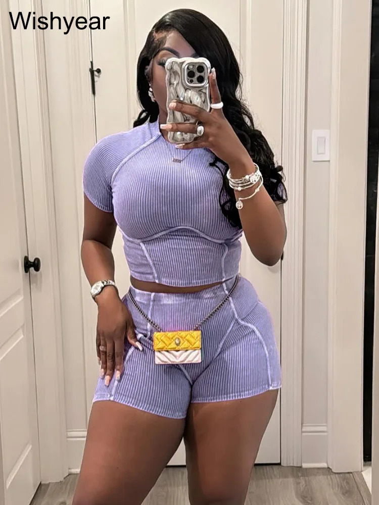 Casual black knitted ribbon short sleeved crop top and shorts two-piece sportswear for female cyclists track and field clothes for birthdays and summe