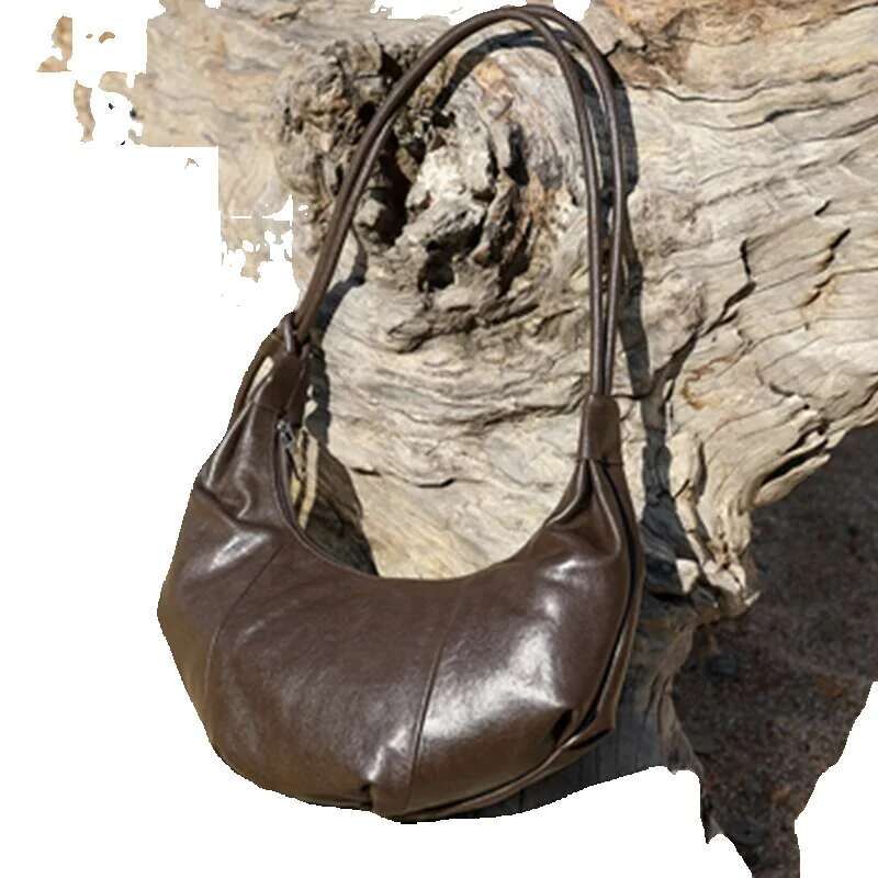 Hifashon Cowhide Genuine Leather Half Moon Shoulder Bags For Women 2025 Designer Crossbody Hobos Crescent Ladies Handbags
