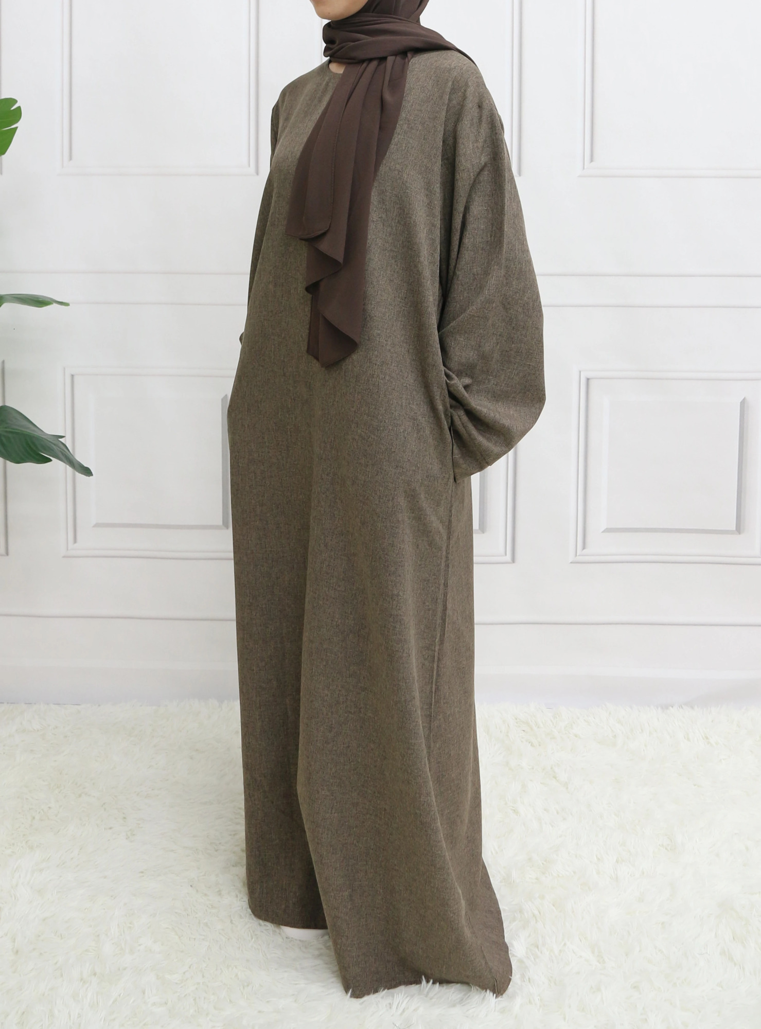 Modest Closed Plain Long Sleeve Abaya Without Hijab With Belt Basic Islamic Eid Clothes Dress 250324