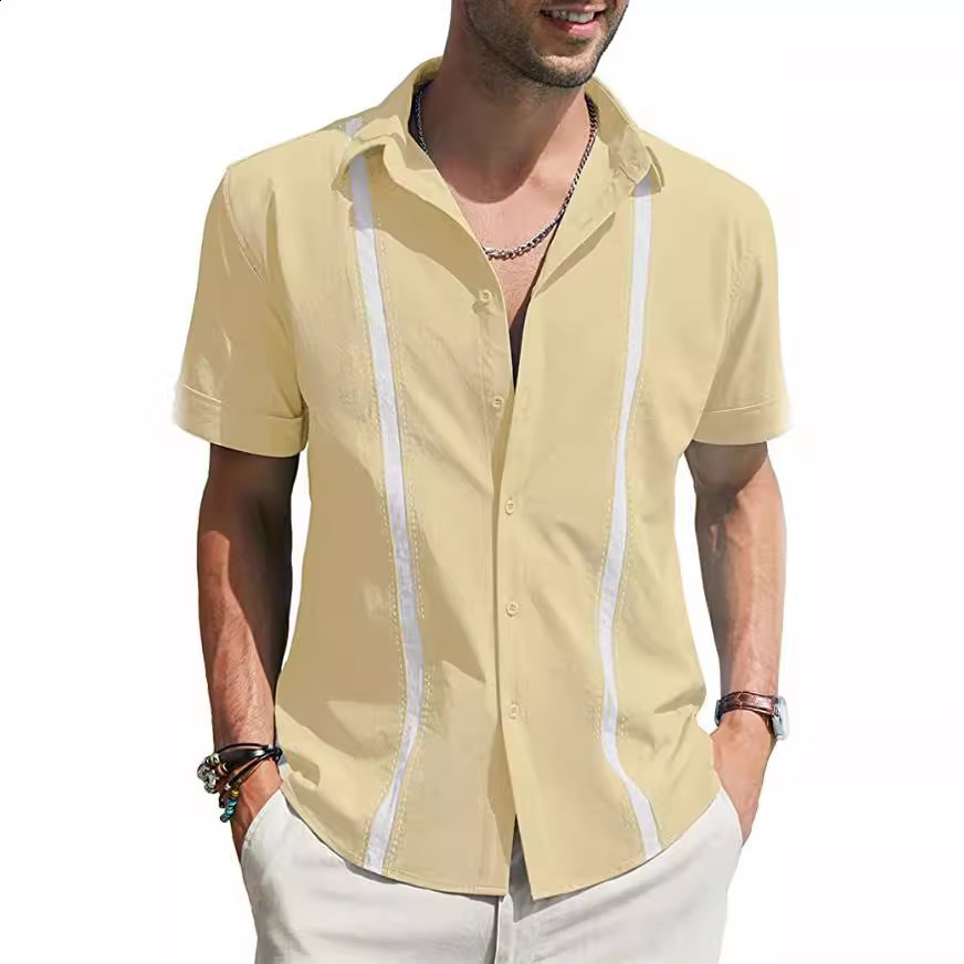 Men's Shirts Guayabera Shirts Button-Down T-Shirts Summer T-Shirts Beach Wear Navy Blue Short Sleeves Colorful Casual Daily Wear 240112