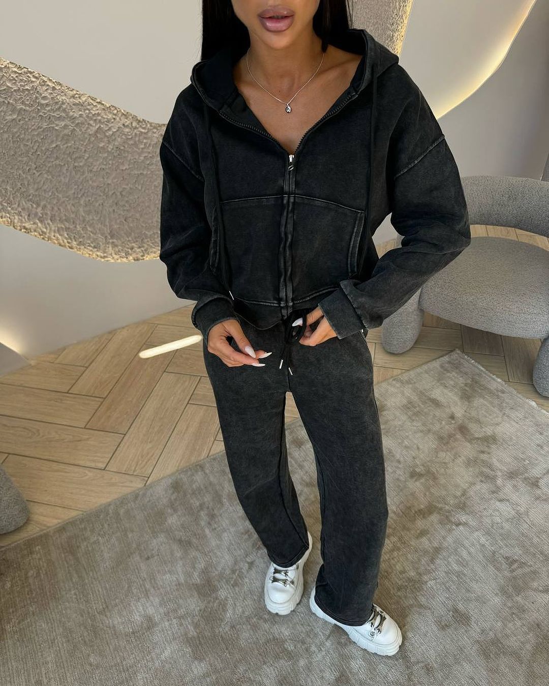 New vintage washed up hooded sweatshirt for women's high-end autumn straight leg pants solid color two-piece set