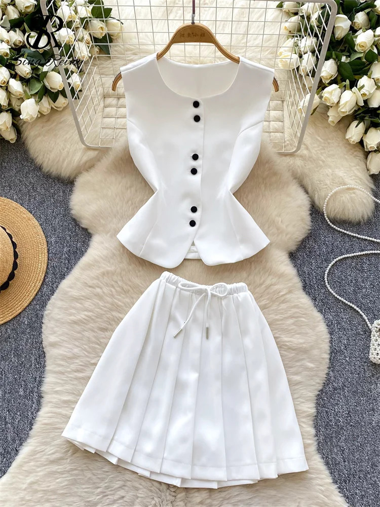 SINGREENY Elegant Solid OL Set Single Chest ShirtDrawstring Mini Wrinkle Skiing 2025 Summer Womens Two Piece 250322