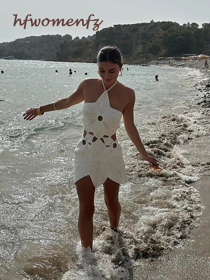 Beach 3d Flower Crochet Hook Short Dress Women Sexy Hollow Out Halter Off Shoulder Backless White Dresses Lady Summer Slim Robes 250324