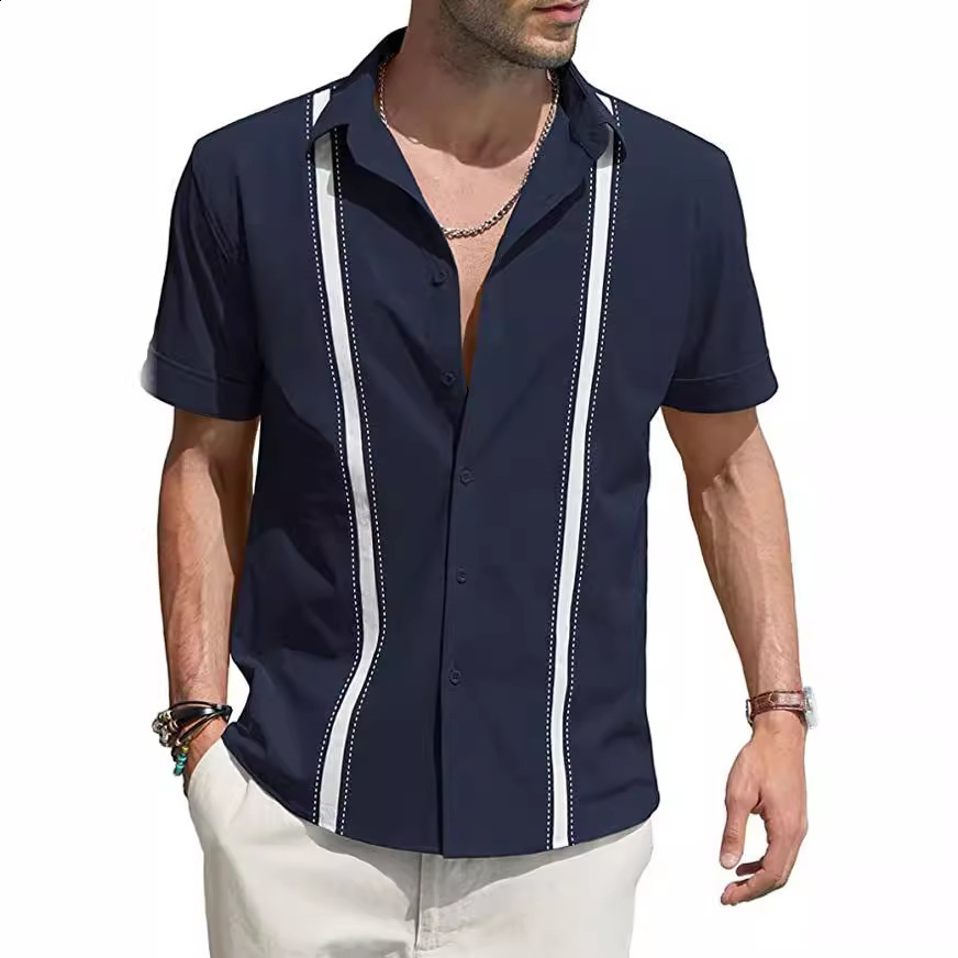 Men's Shirts Guayabera Shirts Button-Down T-Shirts Summer T-Shirts Beach Wear Navy Blue Short Sleeves Colorful Casual Daily Wear 240112