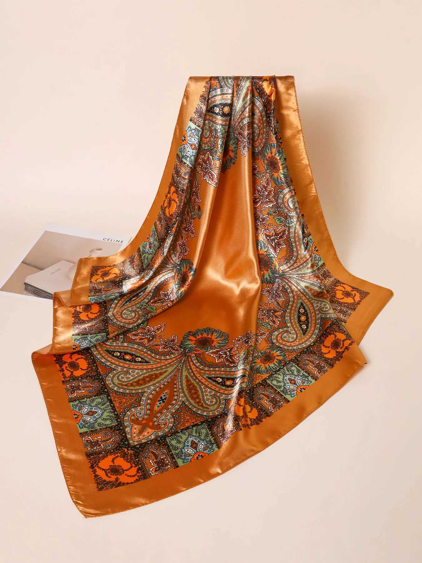 Spring satin square scarf Muslim headscarf elegant print silk collar shawl wrap handle hair accessories bandage X250324