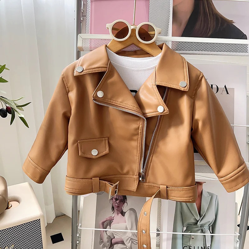 Baby womens leather jacket boys spring jacket childrens short collar clothes autumn jacket childrens fashionable casual zipper top 250324