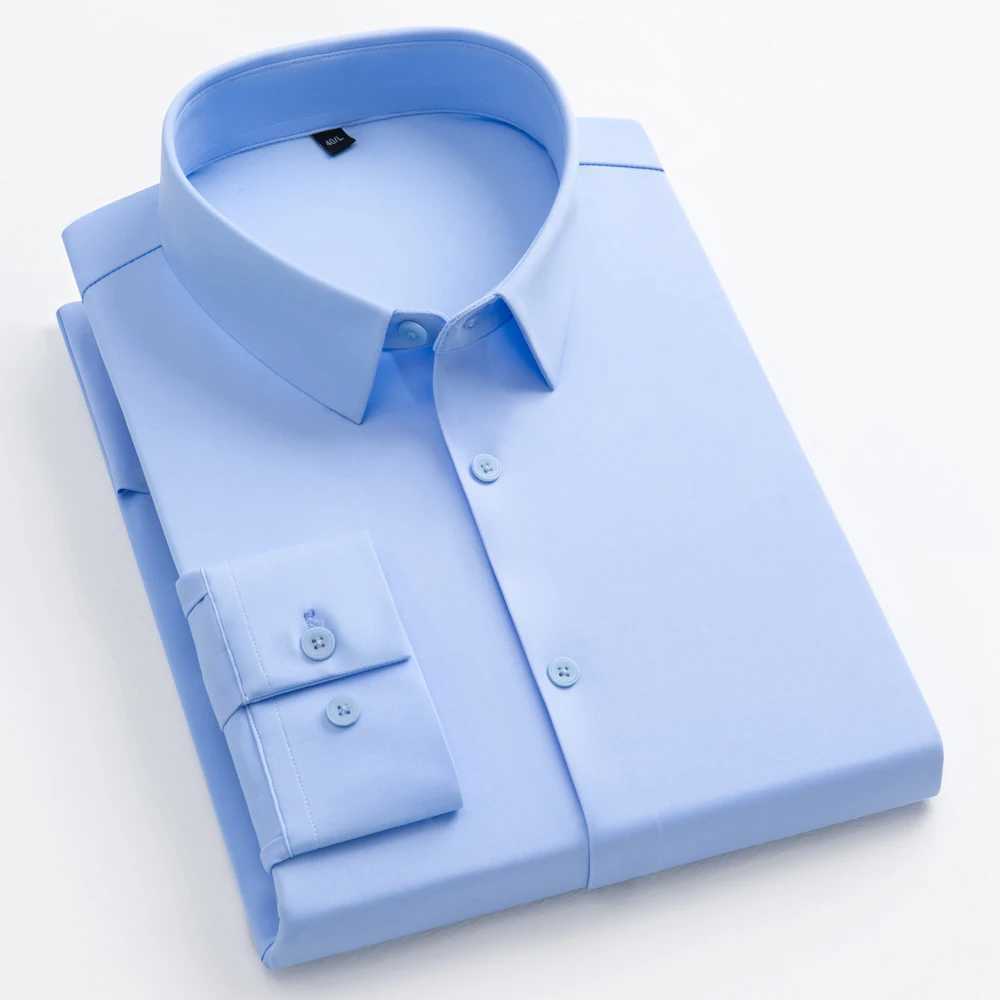Sumptuously comfortable nylon and spandex blend solid mens breathable slim elastic long sleeved button up business shirt X250324