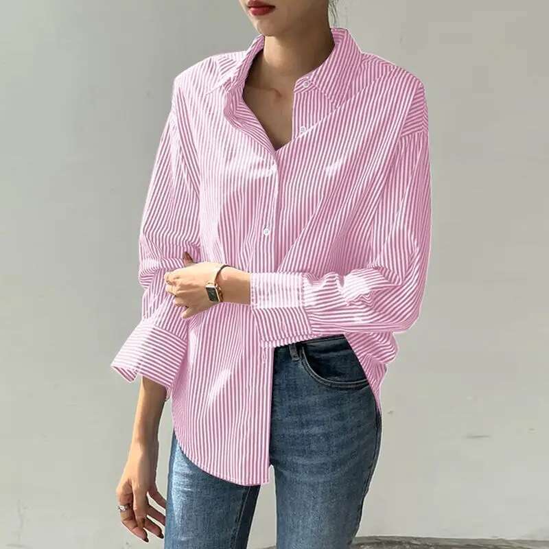 Women Striped Blouse Summer Elegant Shirts Casual Loose Long Sleeve Fashion Button Up Tunic Tops Blusas Femininas