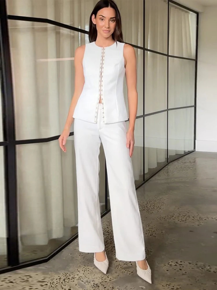 Elegant Pants Sets Women O-neck Sleeveless Single Breasted Slim Vest High Waist Straight Pant Summer Office Lady Outfit 250324