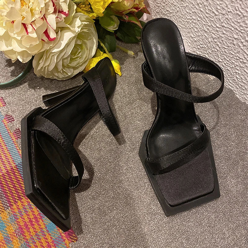Summer Fashion Silk Satin Slippers Women Open Square Head Thin High Heel Sexy Party Shoes Females Sandals Stilettos Black 250322