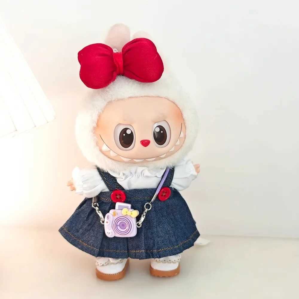 17cm Labubu doll accessory denim skirt with red bow headband setXJ250324