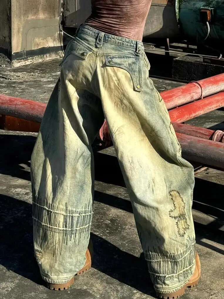 American Heavy Industry Production Jeans Large Size Washed Distressed Hete Straight Pant Haruku Street Loose Overalls