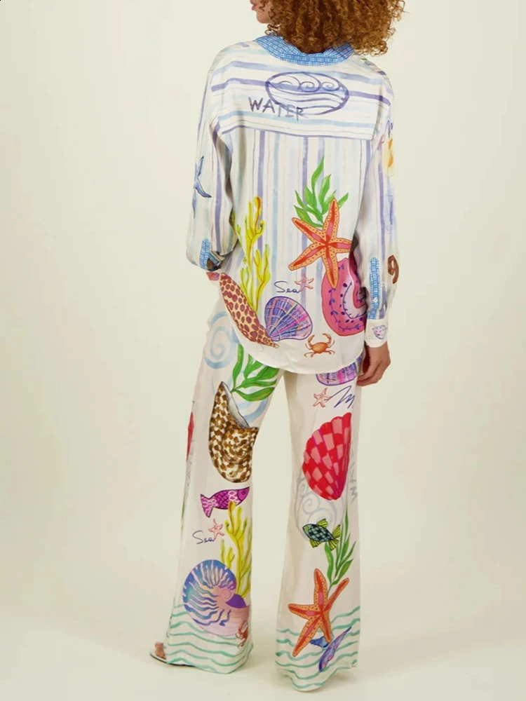 Bohemia Fruit Print Satin Loose Pants Sets Women Causal Long Sleeve Shirts Two Piece Sets Fmeale Summer Outfits Streetwear 250324