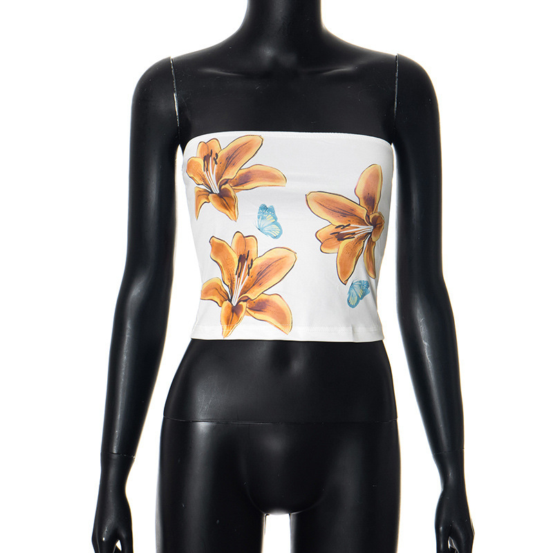 Women's Vest 2025 Summer New Designer Top Fashionable Slim Fit Crop Print Strapless Short Sleeved Shirt