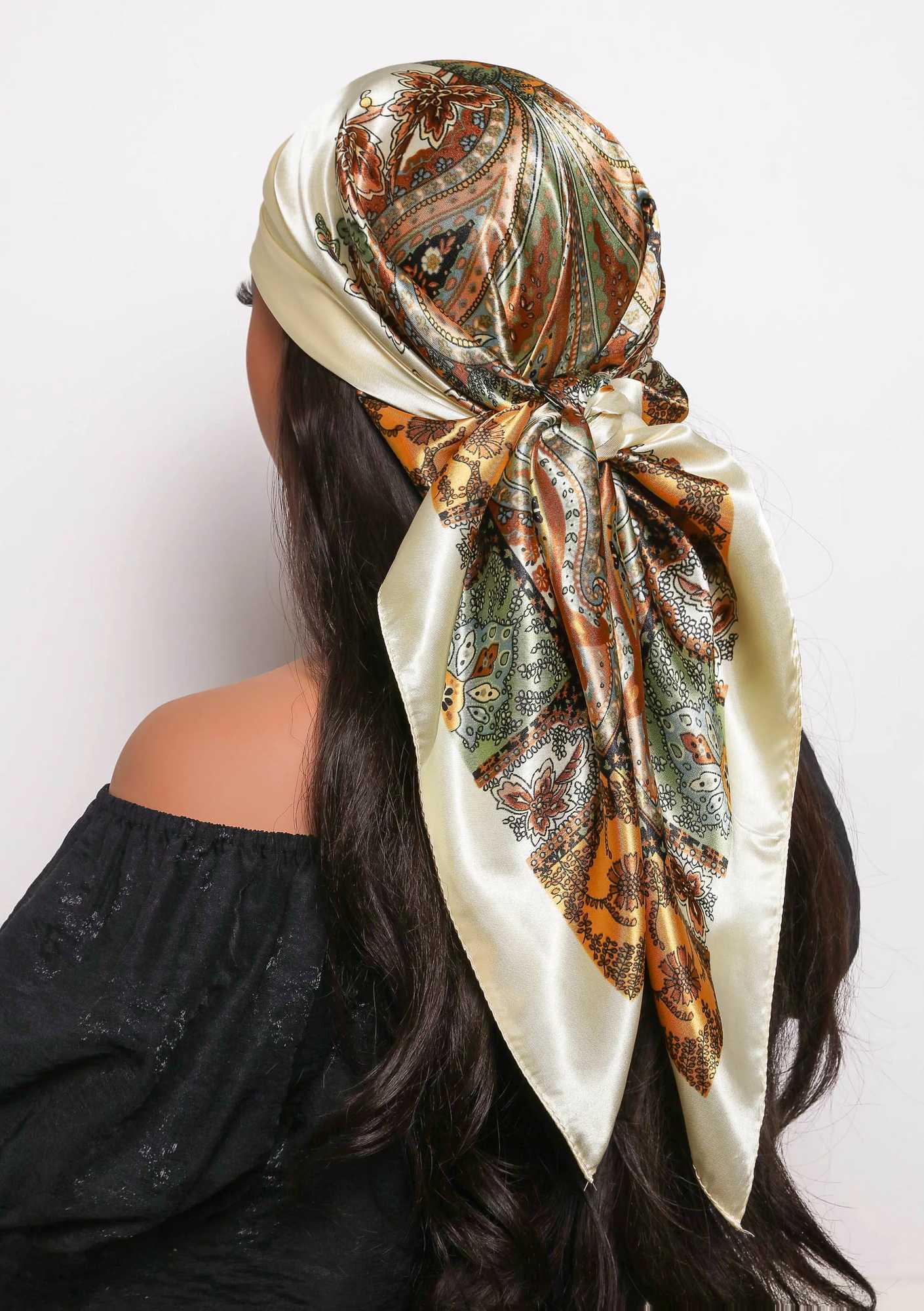 Spring satin square scarf Muslim headscarf elegant print silk collar shawl wrap handle hair accessories bandage X250324