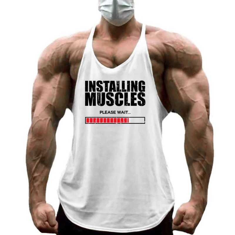 Install muscles please wait for printing gym fitness Y back vest mens casual fitness sleeveless cotton breathable T-shirt X250324