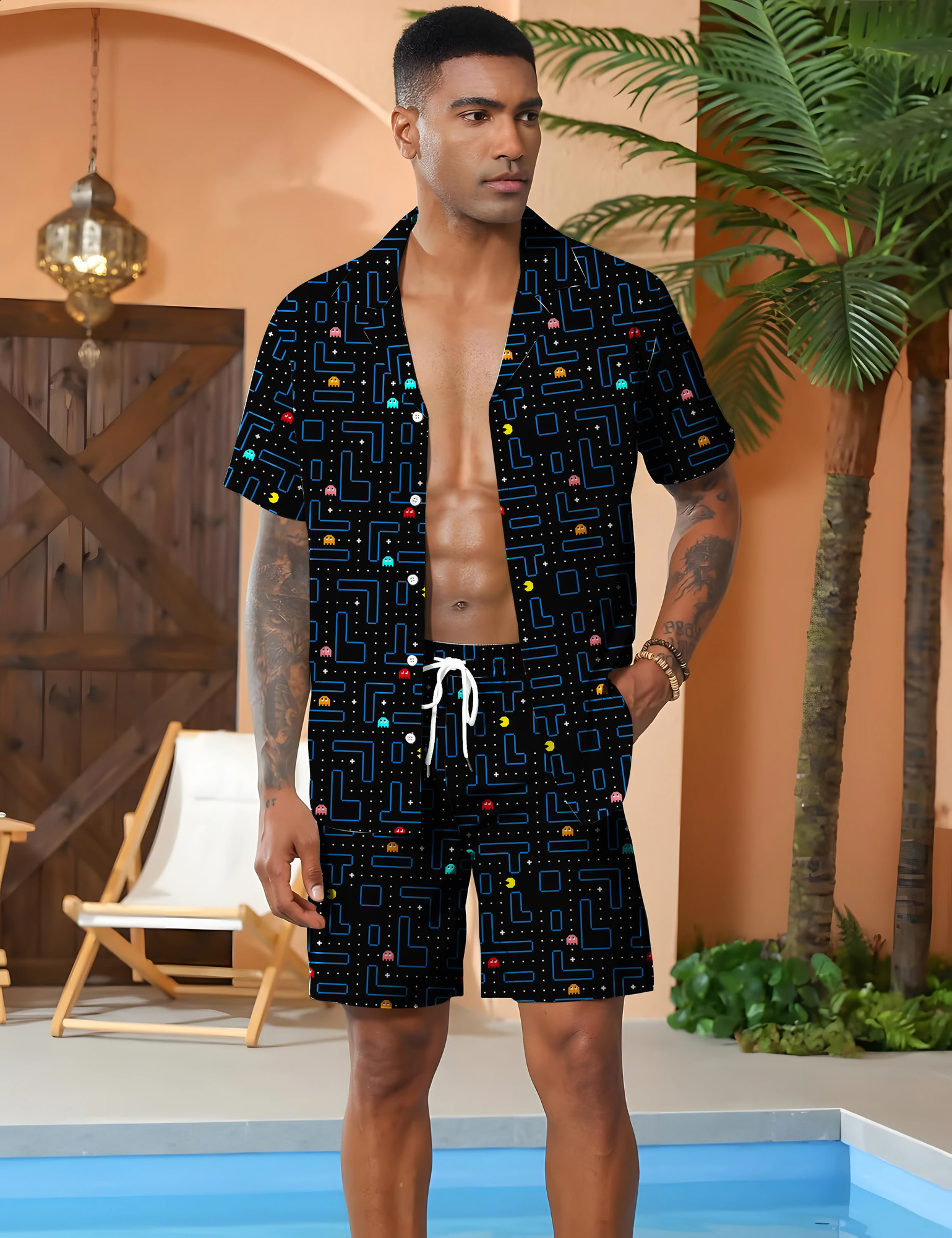 mens casual suit for summer Thin and skin friendly short sleeved shorts Game track pattern non fading clothes 250321