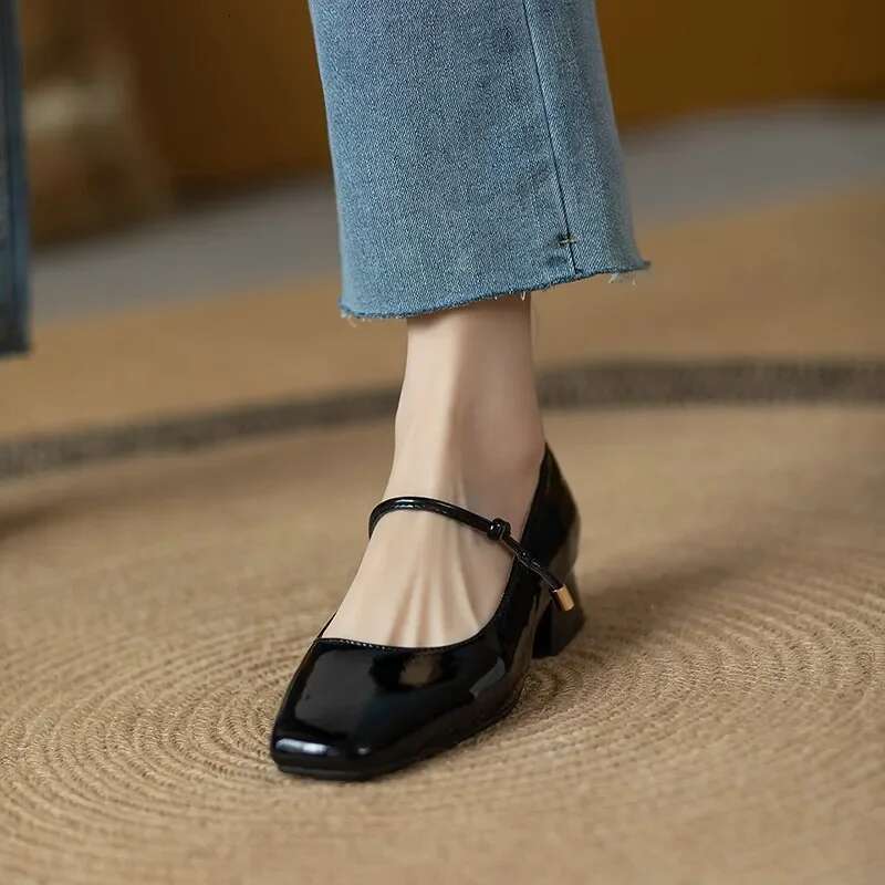 Elegant High Heels French Dress Party Shoes for Woman Platform Patent Leather Mary Jane Bury Black Square Toe Mid-heel Pumps