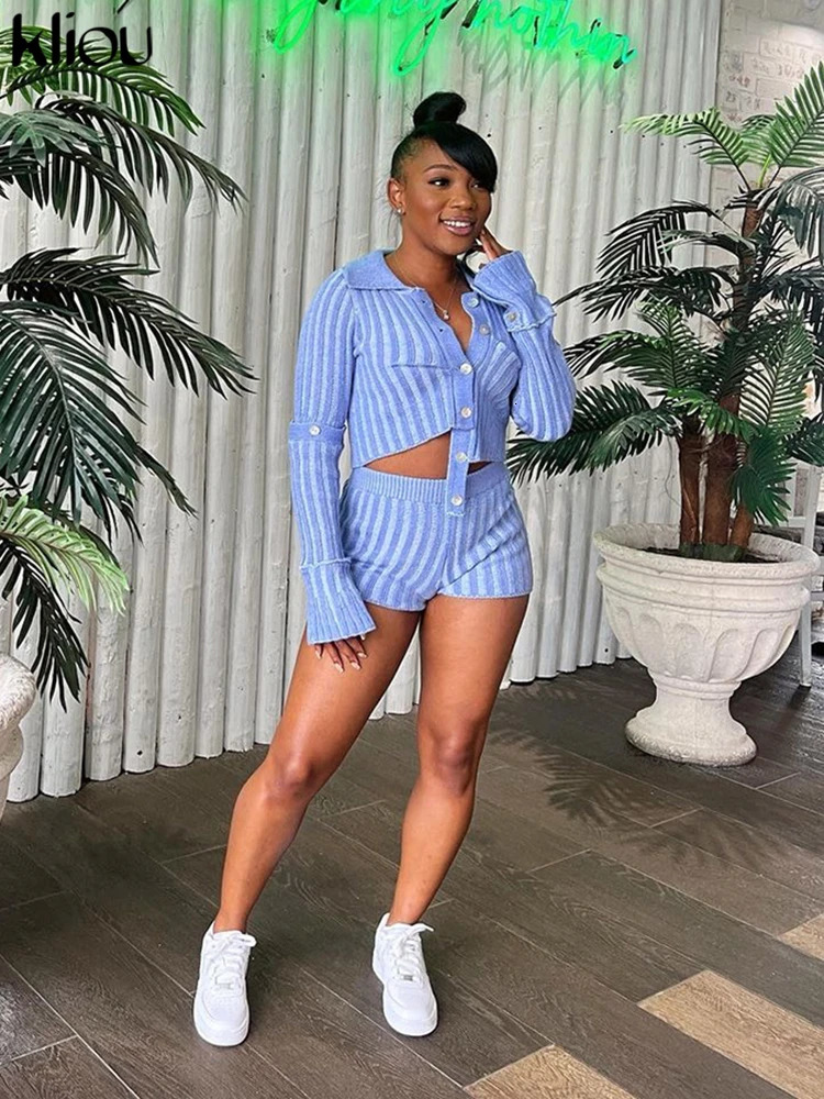 Clothing Knitted Streak Two Piece Set Women Solid Single Breasted Skinny Cardigan Tops Casual Stretchy Shorts Female Street Suits 250322